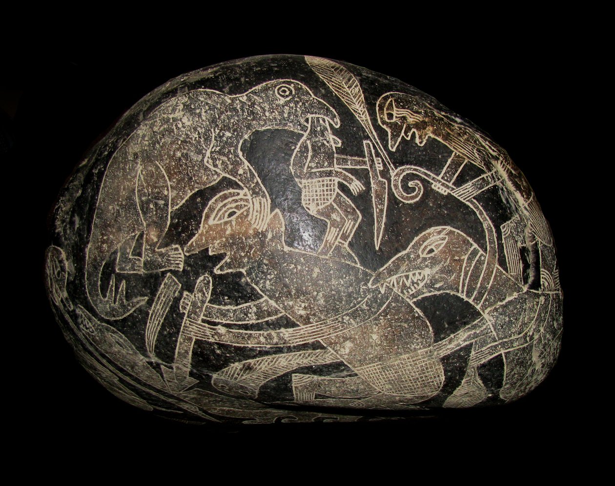 ica-stenen. En dinosaurie dödar en man. av The Ica stones.