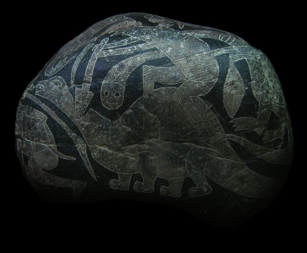 ica-stenen. En man som dödar en dinosaurie. av The Ica stones.