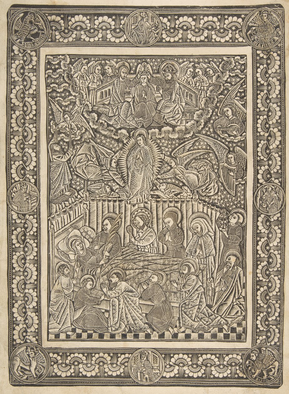 Jungfruns död, antagande och kröning, ca. 1470-85. av The Master of the Mountainlike Clouds