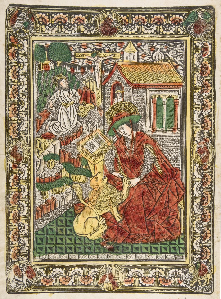 Den helige Hieronymus i botgörelse och som lärd tar bort en tagg från en lejontass Sch...., ca. 1470-85. av The Master of the Mountainlike Clouds