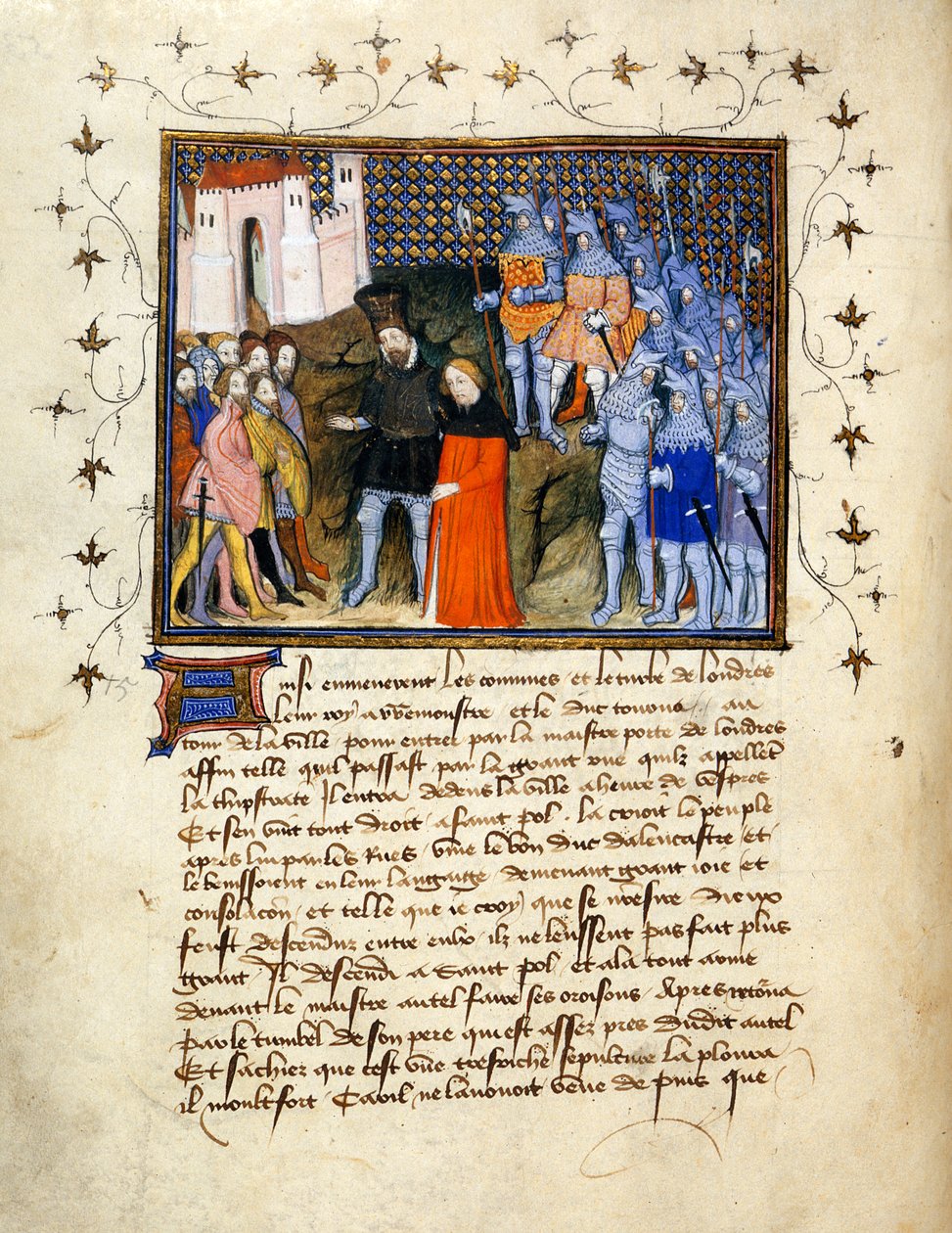 (Hel folio) Kung Richard II, ledd fången av Henry Bolingbroke till London, avsäger sig tronen; dekorerad bård med text nedan. av The Virgil Master