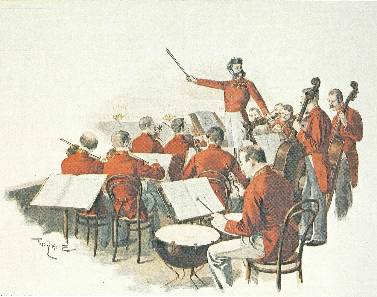 Den österrikiske kompositören Johann Strauss II och hans musikband vid hovbalen. av Theo Zasche