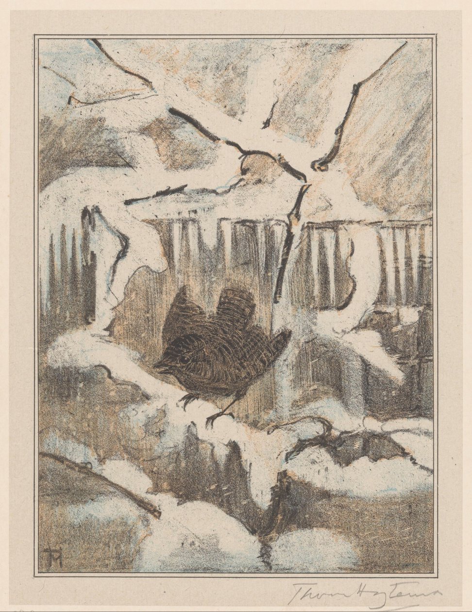 Gärdsmyg på snöig gren av Theo van Hoytema (signed by artist)
