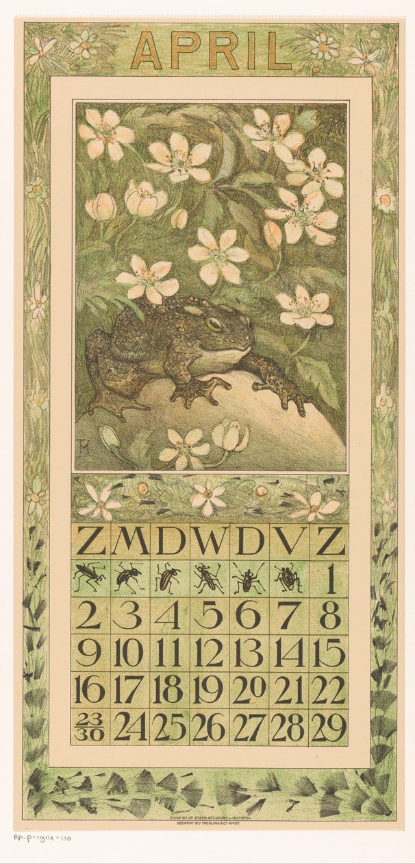 April kalenderblad med groda Kalender 1911 12 litografier av Th. v. Hoytema (serietitel) Vägen bland blommor av Theo van Hoytema