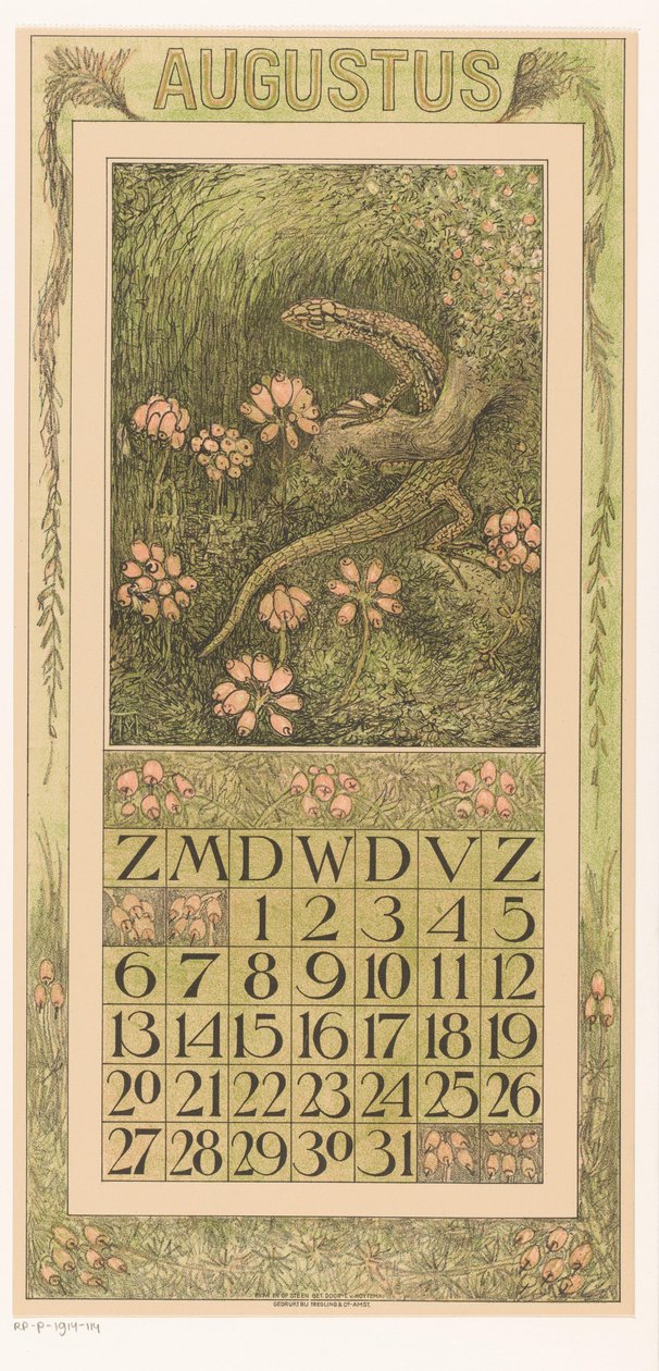 Augusti kalendersida med ödla och ljung Kalender 1911 12 litografier av Th. v. Hoytema (serietitel) av Theo van Hoytema