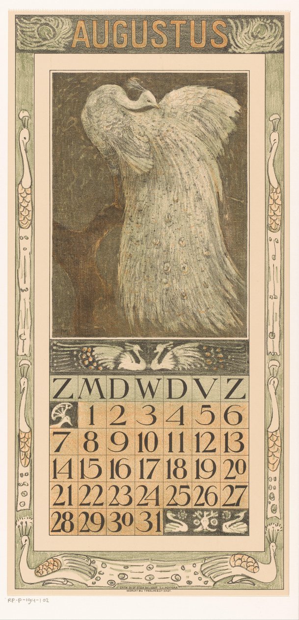 Augusti kalendersida med vit påfågel Kalender 1910 12 litografier av Th. v. Hoytema (serietitel) av Theo van Hoytema