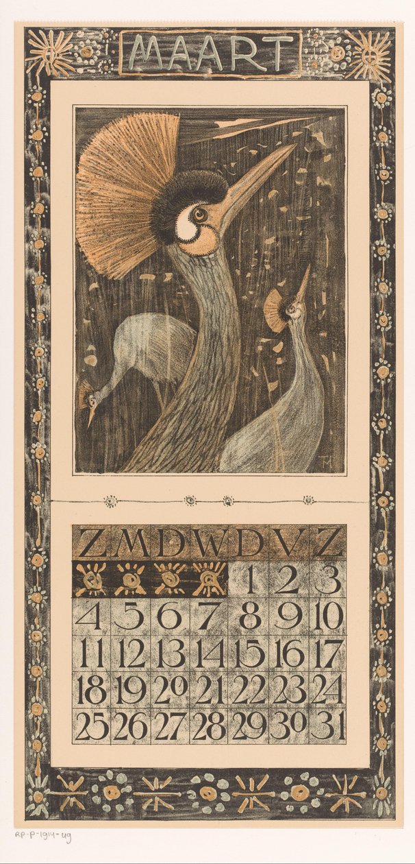 Kalenderblad Mars med krona kranar Kalender 1906 12 litografi av Th. v. Hoytema (serietitel) av Theo van Hoytema