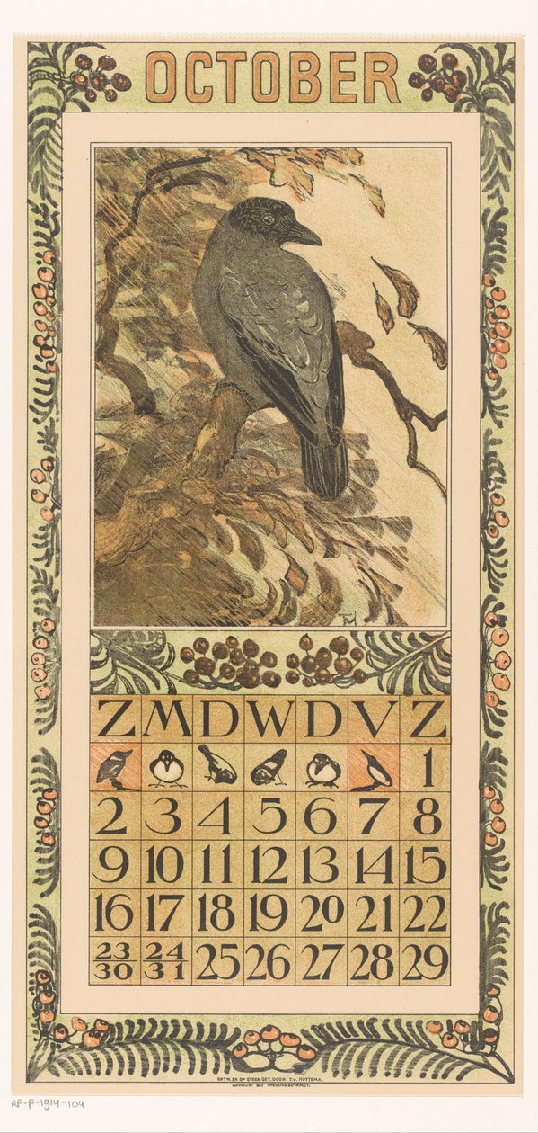 Oktober kalendersida med färgglad kråka Kalender 1910 12 litografier av Th. v. Hoytema (serietitel) av Theo van Hoytema