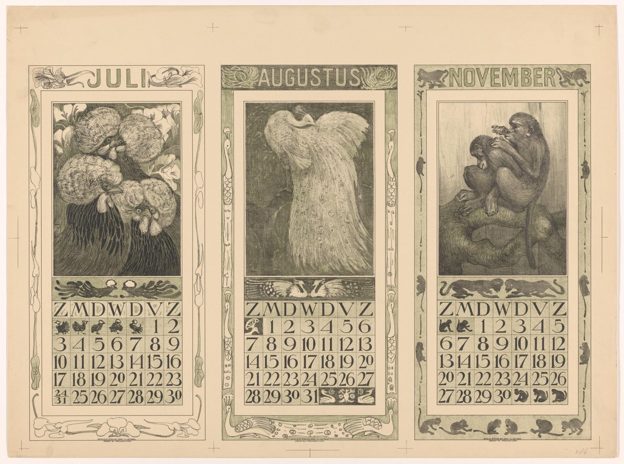 Kalendrar för juli, augusti och november 1910 av Theo van Hoytema