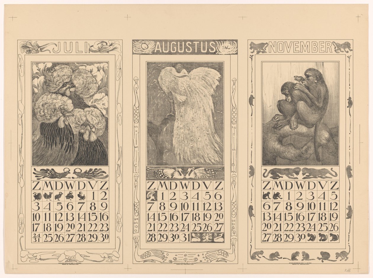 Kalendrar för juli, augusti och november 1910 av Theo van Hoytema