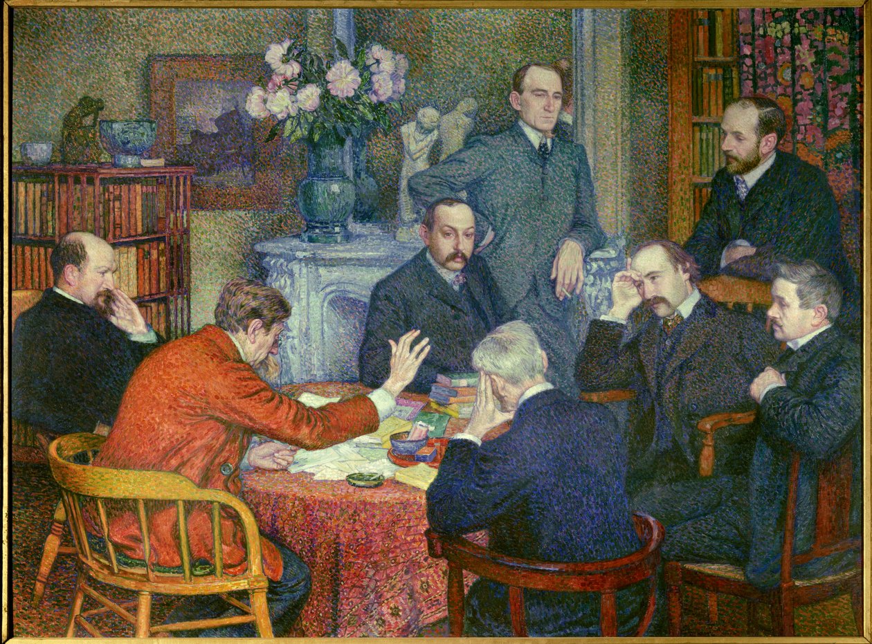 La Lecture (1903), iscensatt kring Emile Verhaeren (1855-1916), belgisk socialistisk poet, målare Cross, författarna Maurice Maeterlinck, Andre Gide och Francis Viele-Griffin, biologen Henri Gheon, läkaren Felix Le Dantec och Felix Feneon som röker en ciga av Théo van Rysselberghe