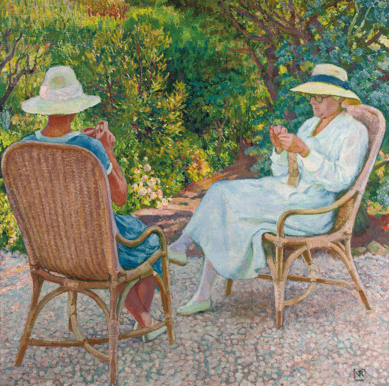Maria och Elisabeth van Rysselberghe Stickning i trädgården, c.1912 av Théo van Rysselberghe