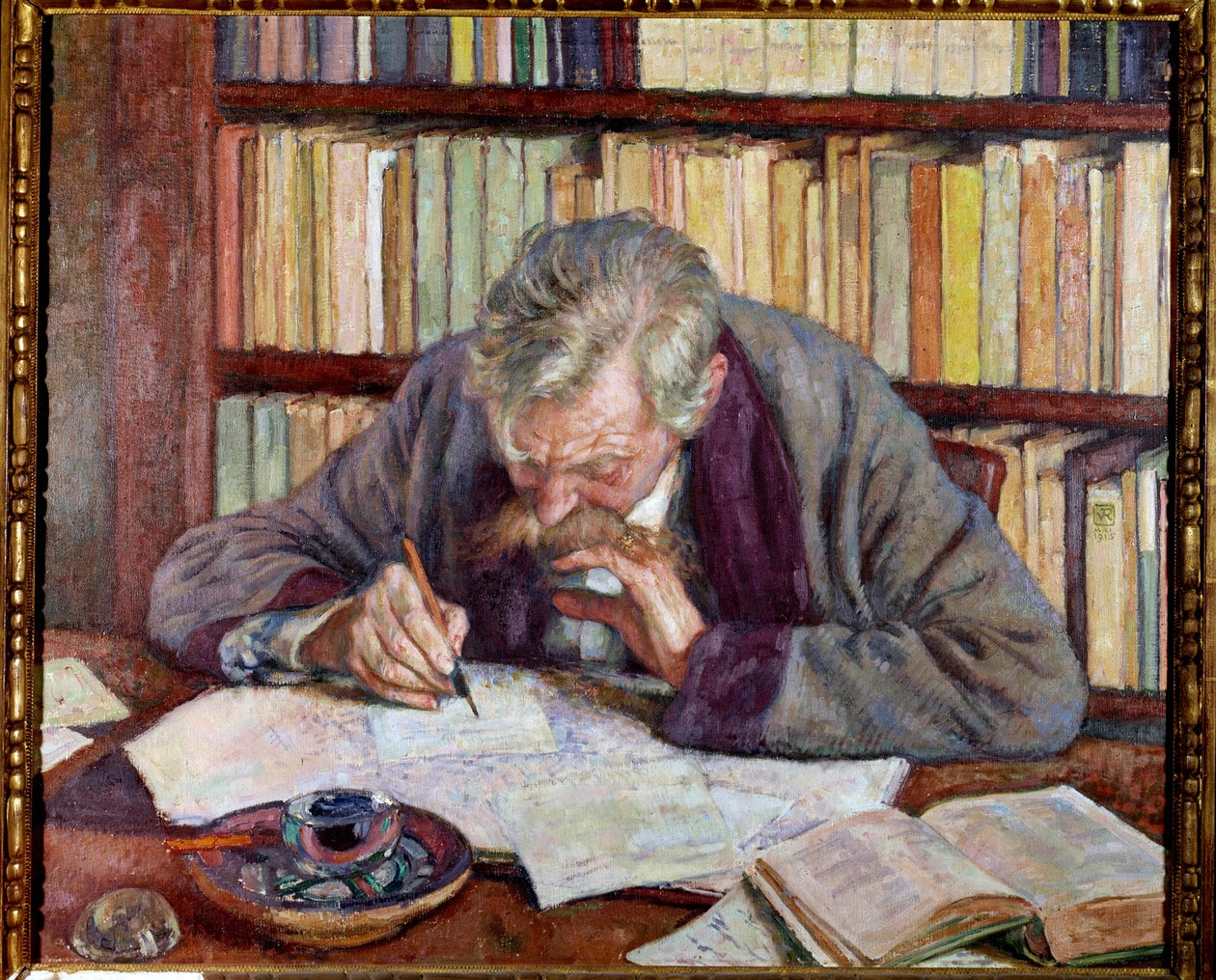 Porträtt av den belgiske poeten Emile Verhaeren (1885-1916) på hans kontor Målning av Theodore Van Rysselberghe (1862-1926) 1900-talets Paris. Kommunala museet för modern konst av Théo van Rysselberghe