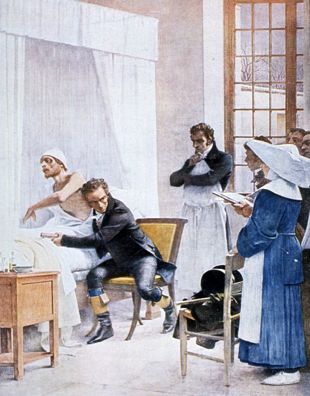 Rene Laënnec (1781-1826) lyssnar på bröstet på en man med konsumtion, på Necker Hospital, 1816 av Theobald Chartran