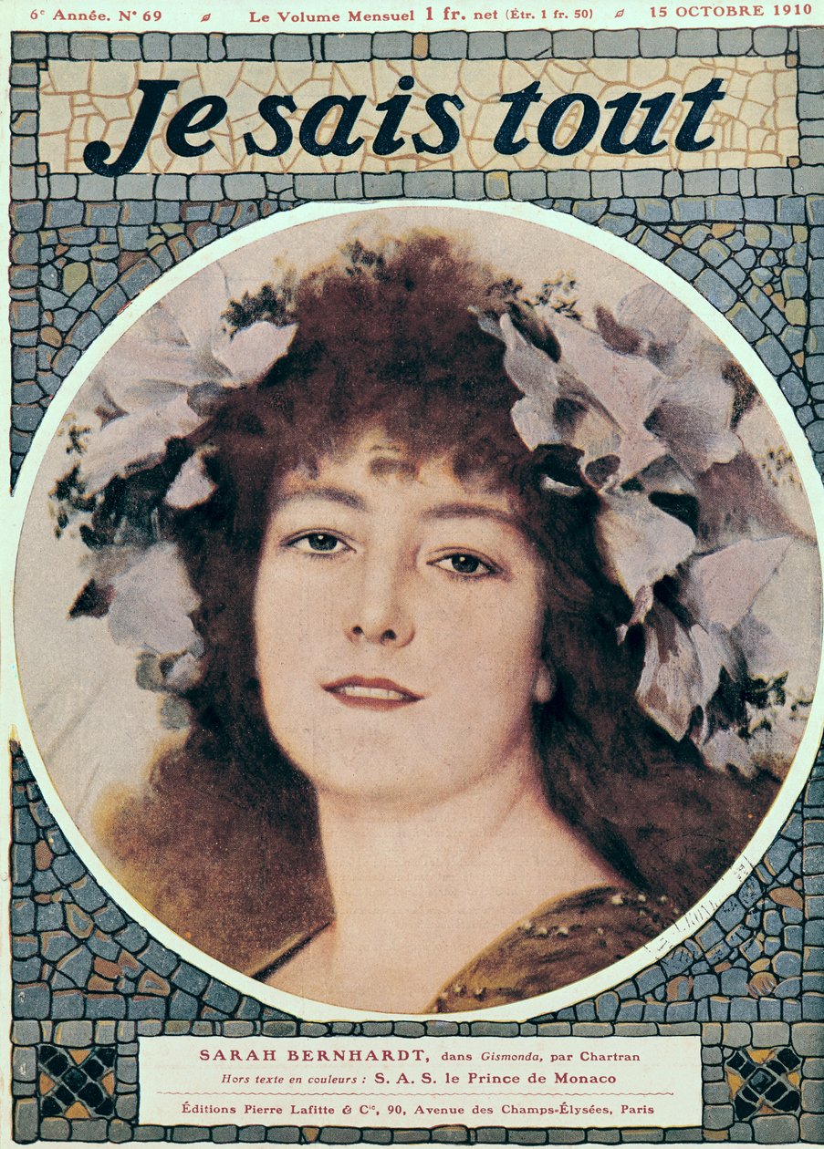 Sarah Bernhardt (1844-1923) i Gismonda av Victorien Sardou (1831-1908) framsidan av "Je Sais Tout", 15 oktober 1910 av Theobald Chartran