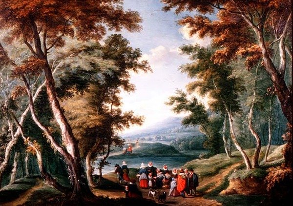 Skogbevuxen landskap med fruktförsäljare och andra figurer av Theobald (circle of) Michau