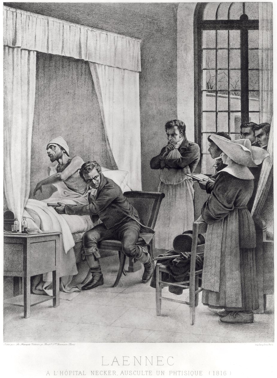 Rene Theophile Hyacinthe Laennec (1781-1826) lyssnar på bröstet på en man med konsumtion, 1816 av Theobald Chartran