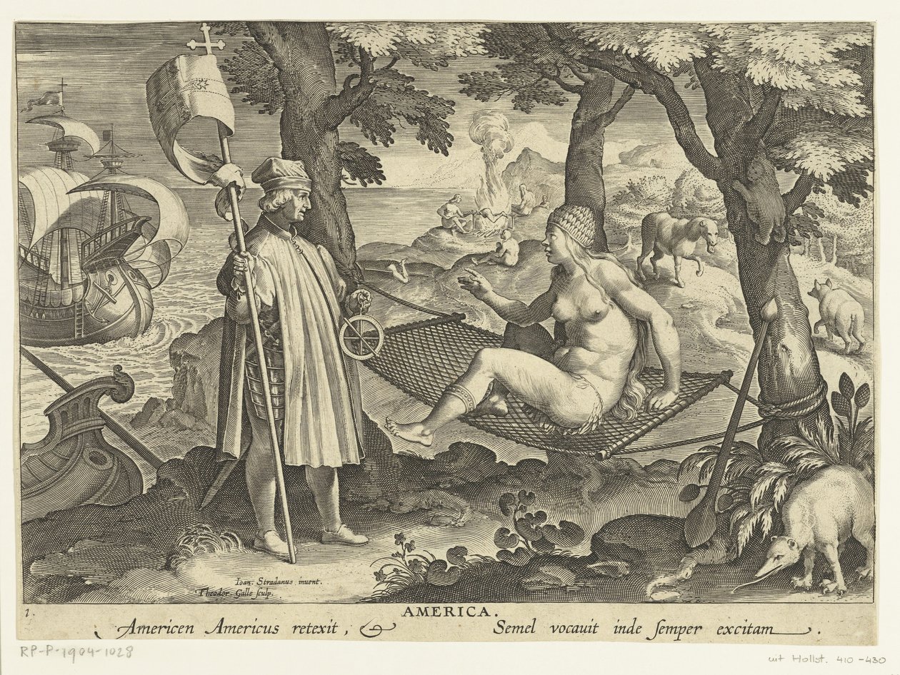 Amerigo Vespucci sätter sin fot i Amerika Amerika. Amerika Amerika återträder. Semel vocauit inde semper excitam (titel på objekt) Nya uppfinningar och upptäckter (serietitel) Nova Reperta (serietitel) av Theodoor Galle
