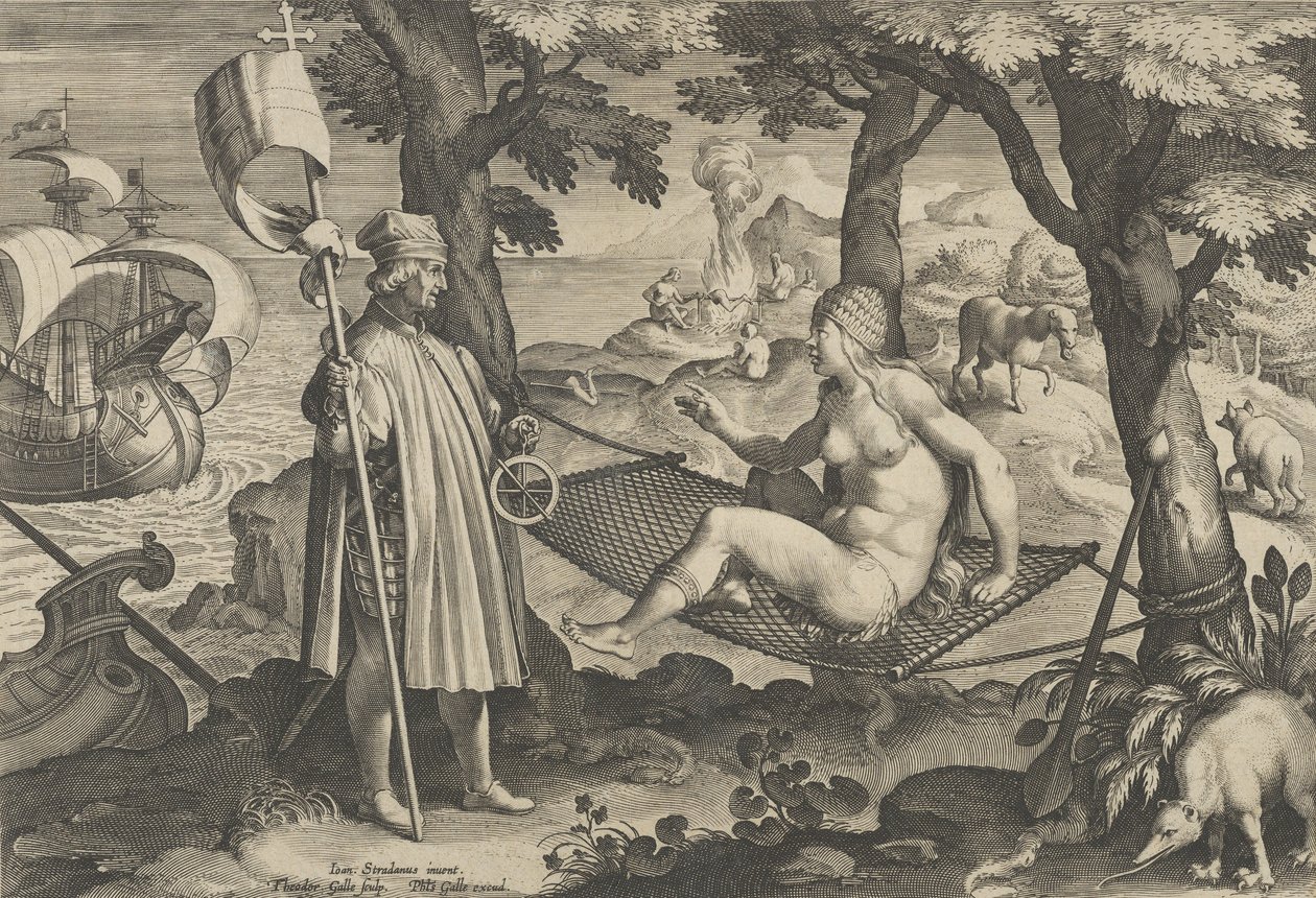 New Inventions of Modern Times [Nova Reperta], The Discovery of America, skylt 1, ca. ..., ca. 1600. av Theodoor Galle