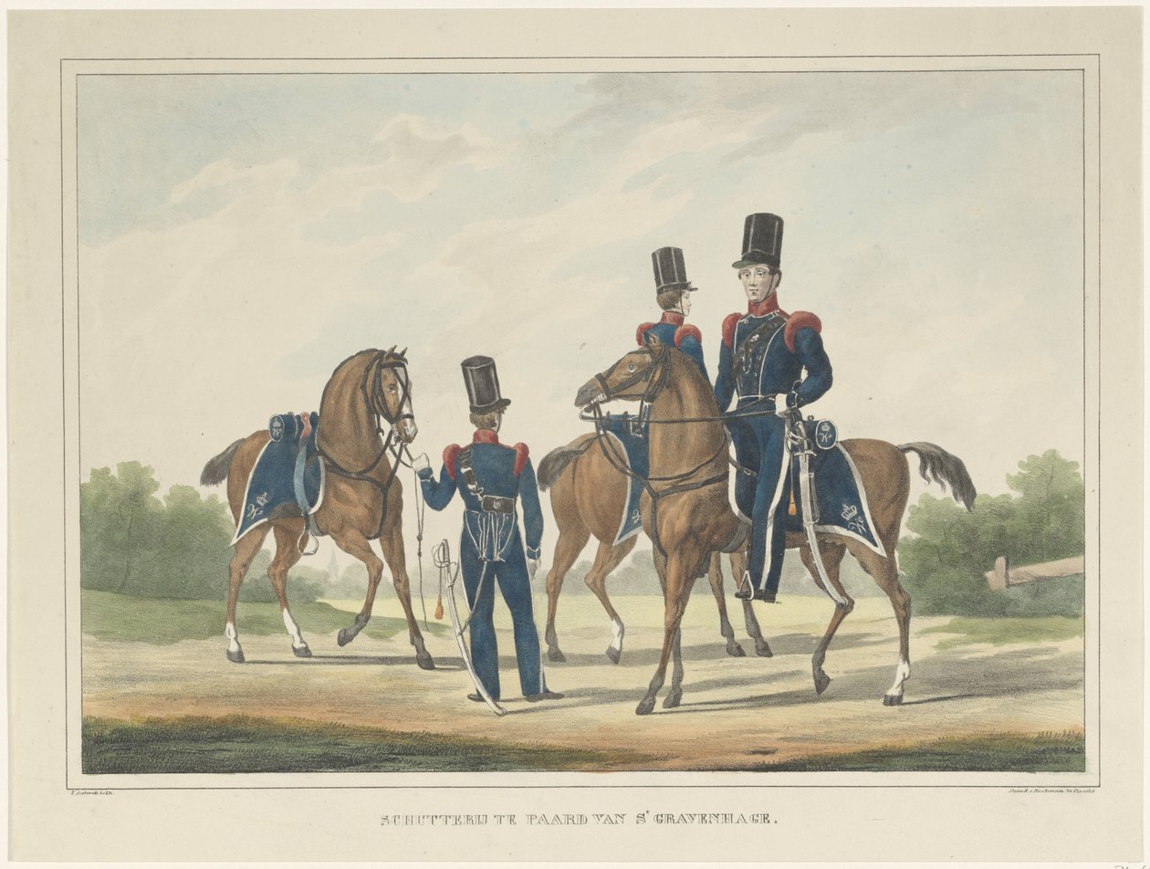 Gevärsmän till häst i Haag, 1830 Gevär på hästen i Haag (titel på objekt) av Theodoor Soeterik