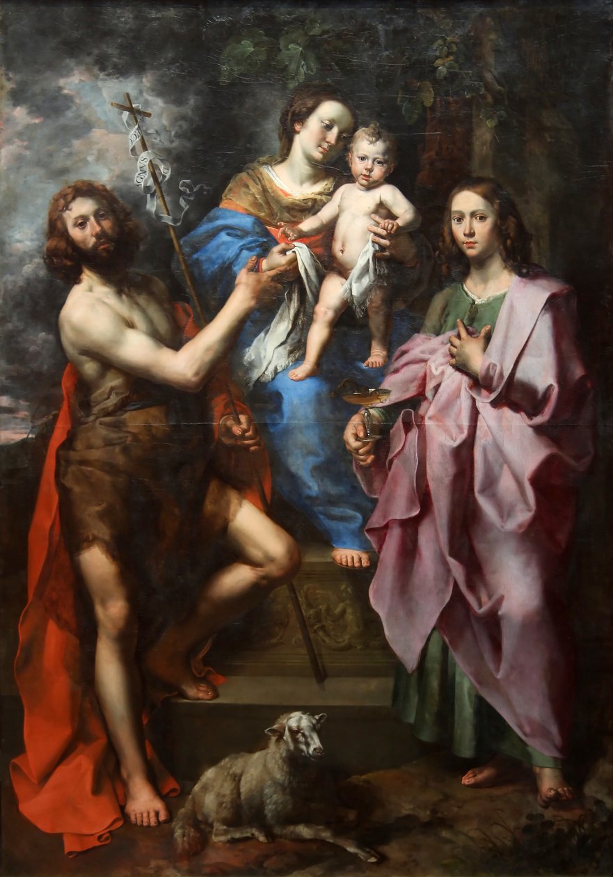 jungfrun och barnet mellan Sankt Johannes Döparen och Sankt Johannes Evangelisten av Theodoor van Loon