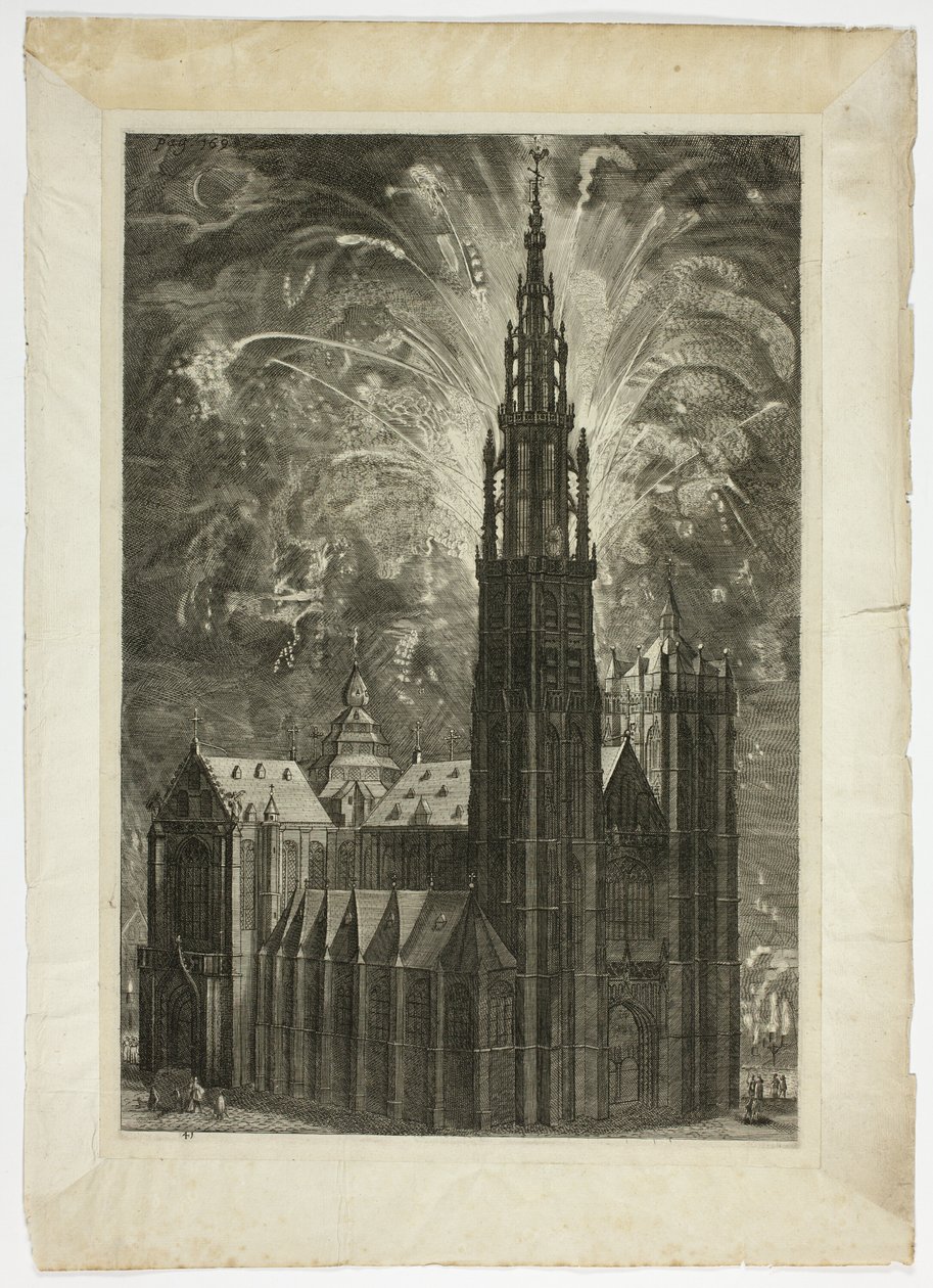 Fyrverkeri runt Antwerpens katedral, skylt 41 från Casperius Gevartius, Pompa Entroitus Honori Serenissimi Prins Ferdinand av Theodoor van Thulden