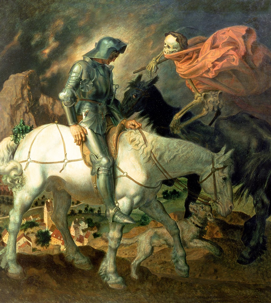Don Quijote med döden, baserad på "Riddaren, döden och djävulen" av Albrecht Durer (1471-1528), ca 1920 (panel) av Theodor Baierl