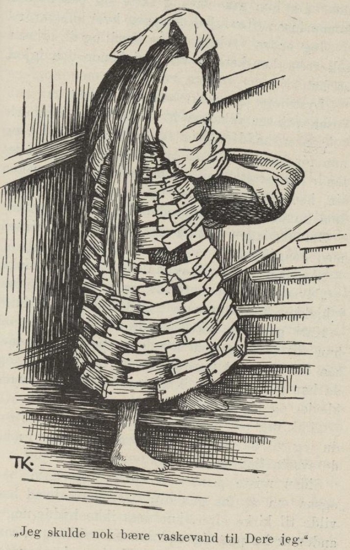 Kari Trstakk Katie Woodencloak, in her bark clothing says I was just going to bring up the wash-water for you av Theodor Kittelsen