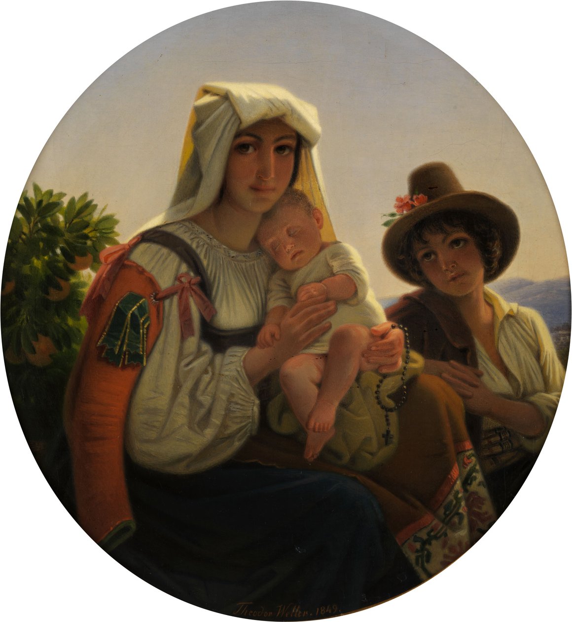 Italiensk mamma med litet barn och pojke i ett landskap av Theodor Leopold Weller