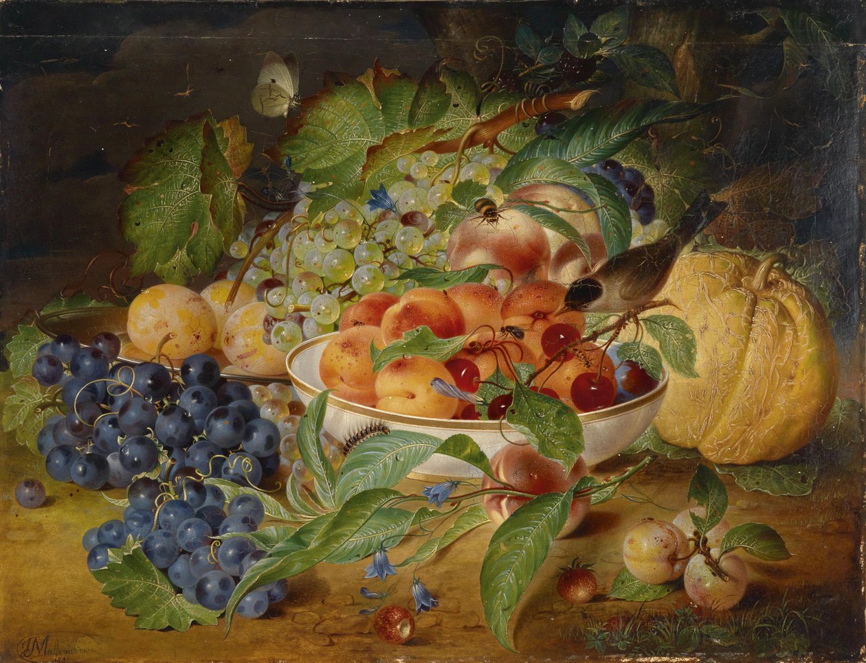 Fruktstilleben med druvor, persika och pumpa av Theodor Mattenheimer