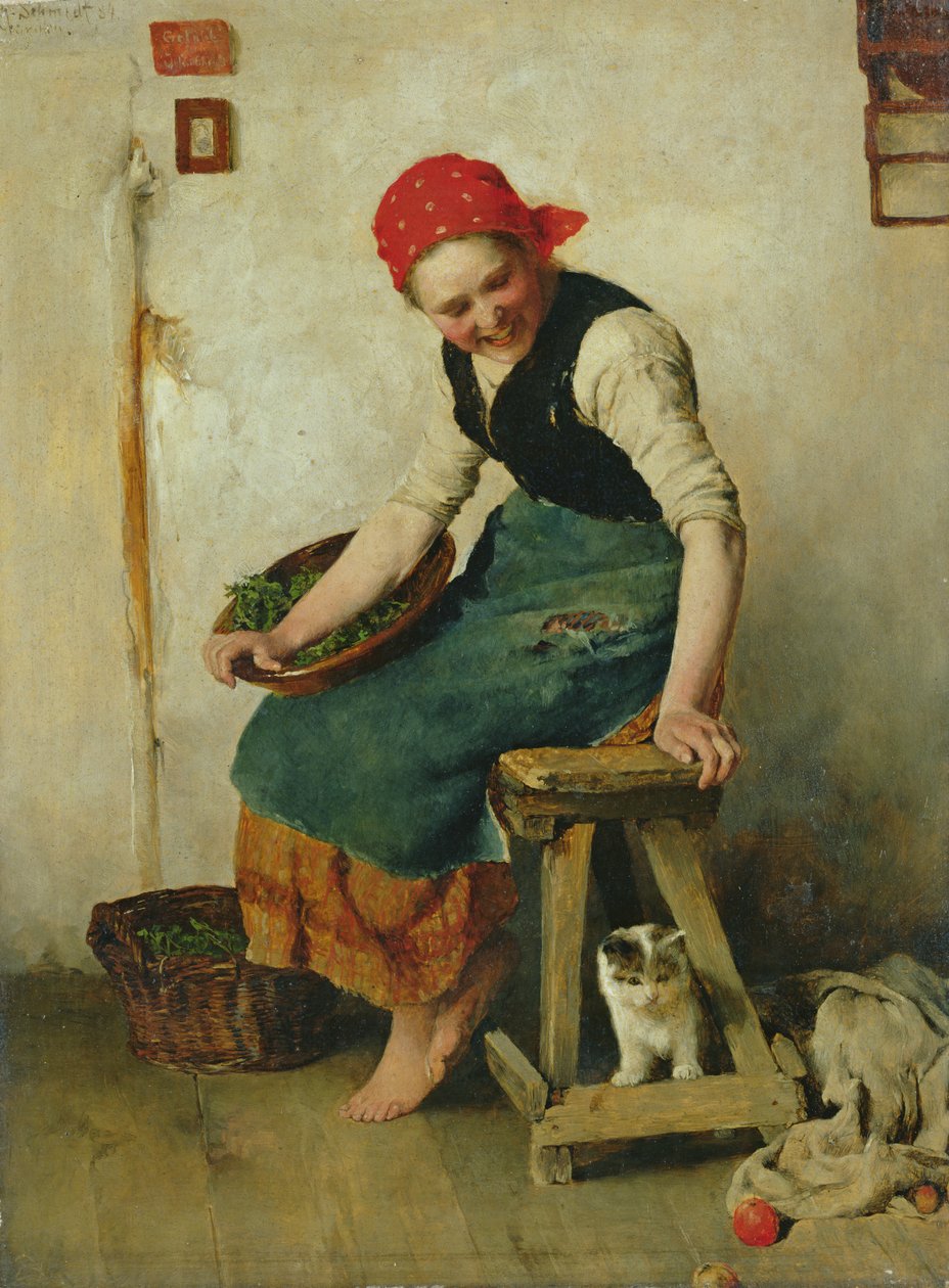 Ung flicka med en katt, 1884 (olja på papper) av Theodor Schmidt