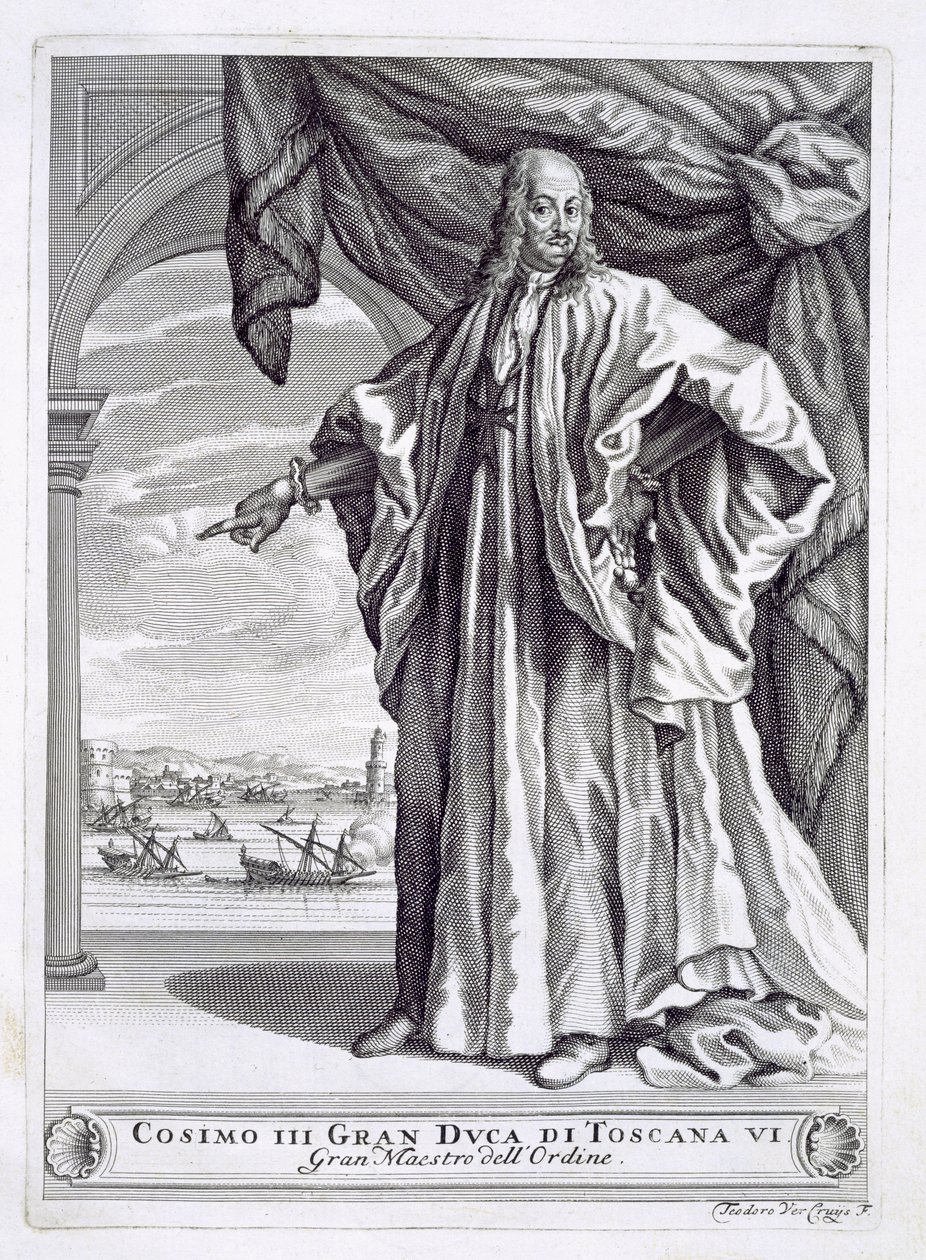 Porträtt av Cosimo III de Medici (1642-1723), frontispice från I Pregi della Toscana, av Fulvio Fontana, publicerad 1701 av Theodor Verkruis
