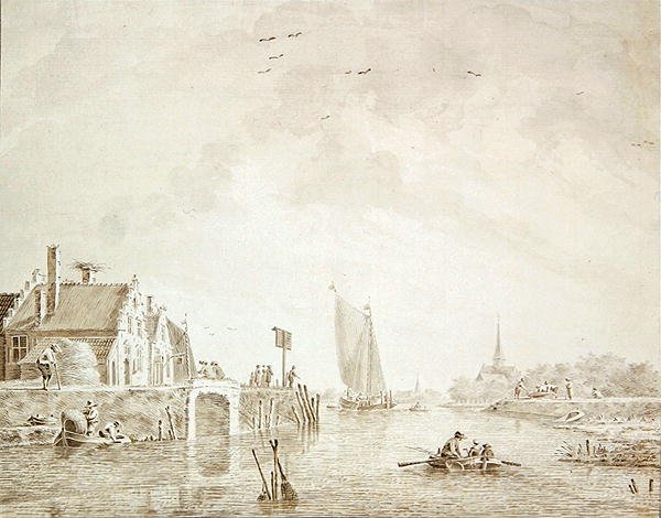 Frakt i en mynning av en by med en stad i fjärran (penna och bläck med tvätt på papper) av Theodor Verrijk