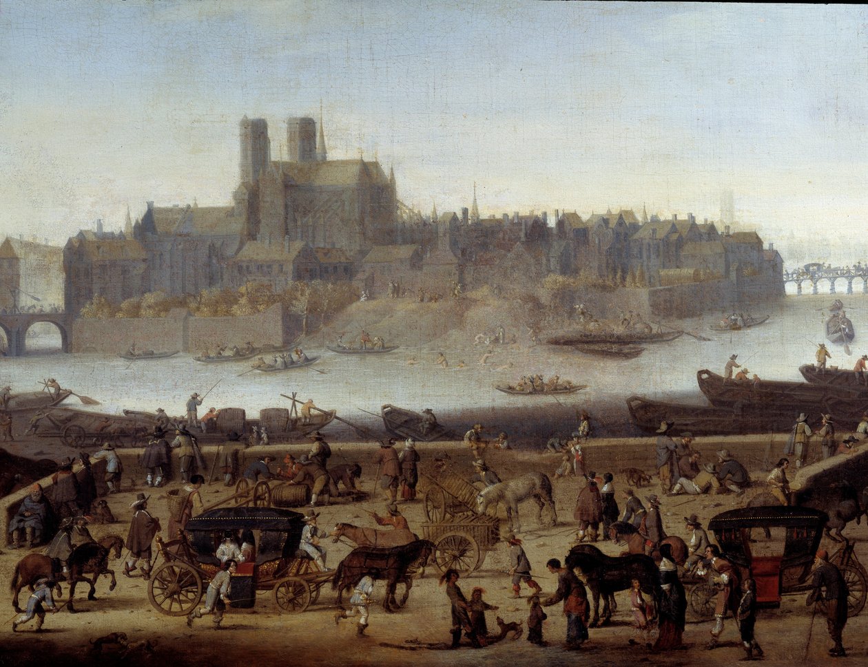 Kajen och Tournelle-bron i Paris Detalj. Utsikt över hamnen och ön La Cite. Målning tillskriven Theodor Matham (1606-1676) 1646 Paris, Carnavalet museum av Theodor (attr. to) Matham