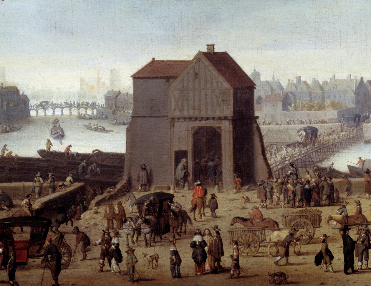 Piren och bron i Tournelle Detail. Karosser och förbipasserande på hamnen. Målning tillskriven Theodor Matham (1606-1676) 1646 Paris, musee Carnavalet av Theodor (attr. to) Matham