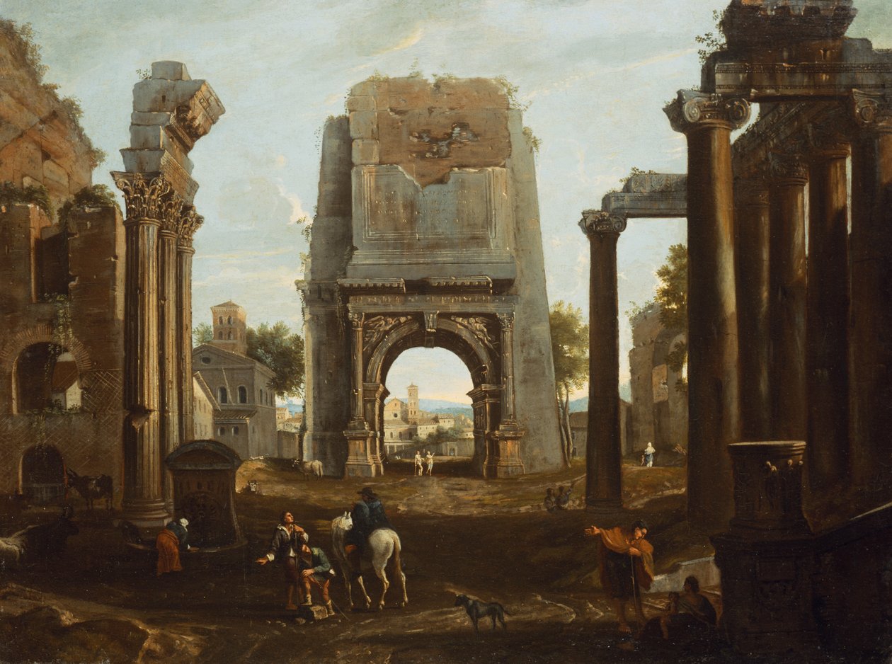 En Capriccio av romerska ruiner med Titusbågen och figurer (olja) av Theodor (circle of) Helmbreker