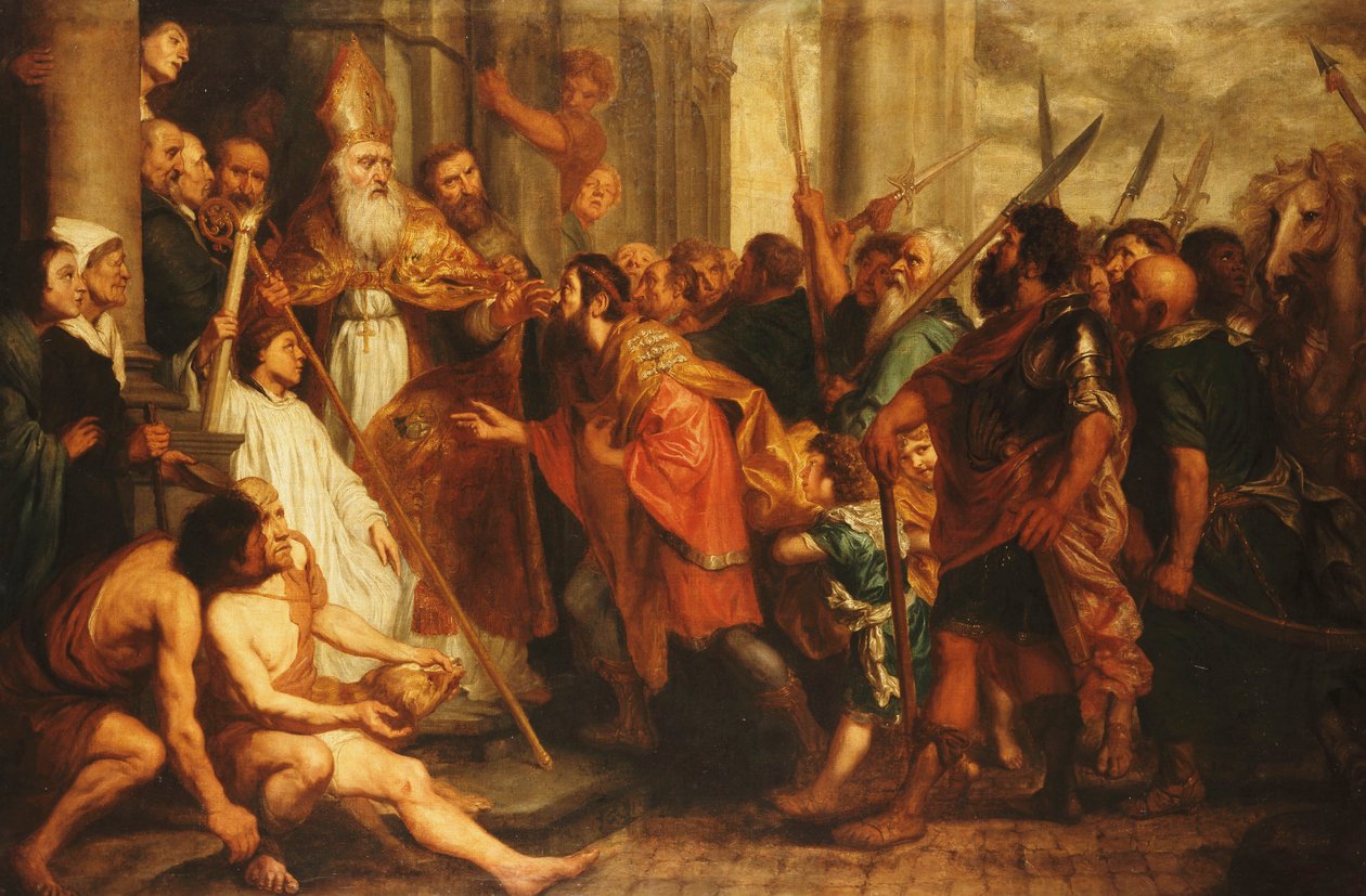 Saint Ambrose, biskop av Milano, vägrar kejsar Theodosius tillträde till Milanos katedral av Theodor Boeyermans