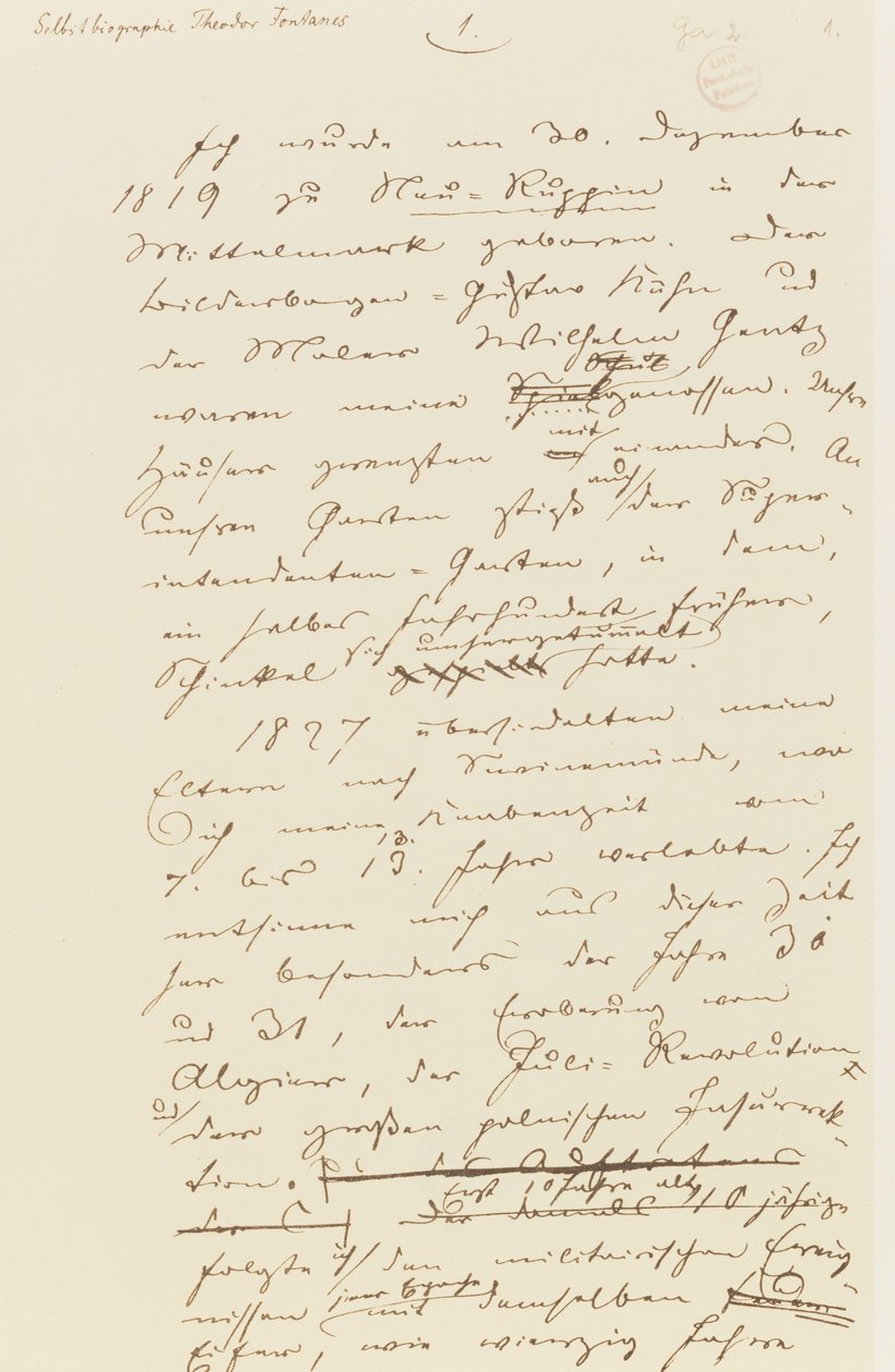 Sida från Fontanes självbiografi (penna och bläck på papper) av Theodor Fontane