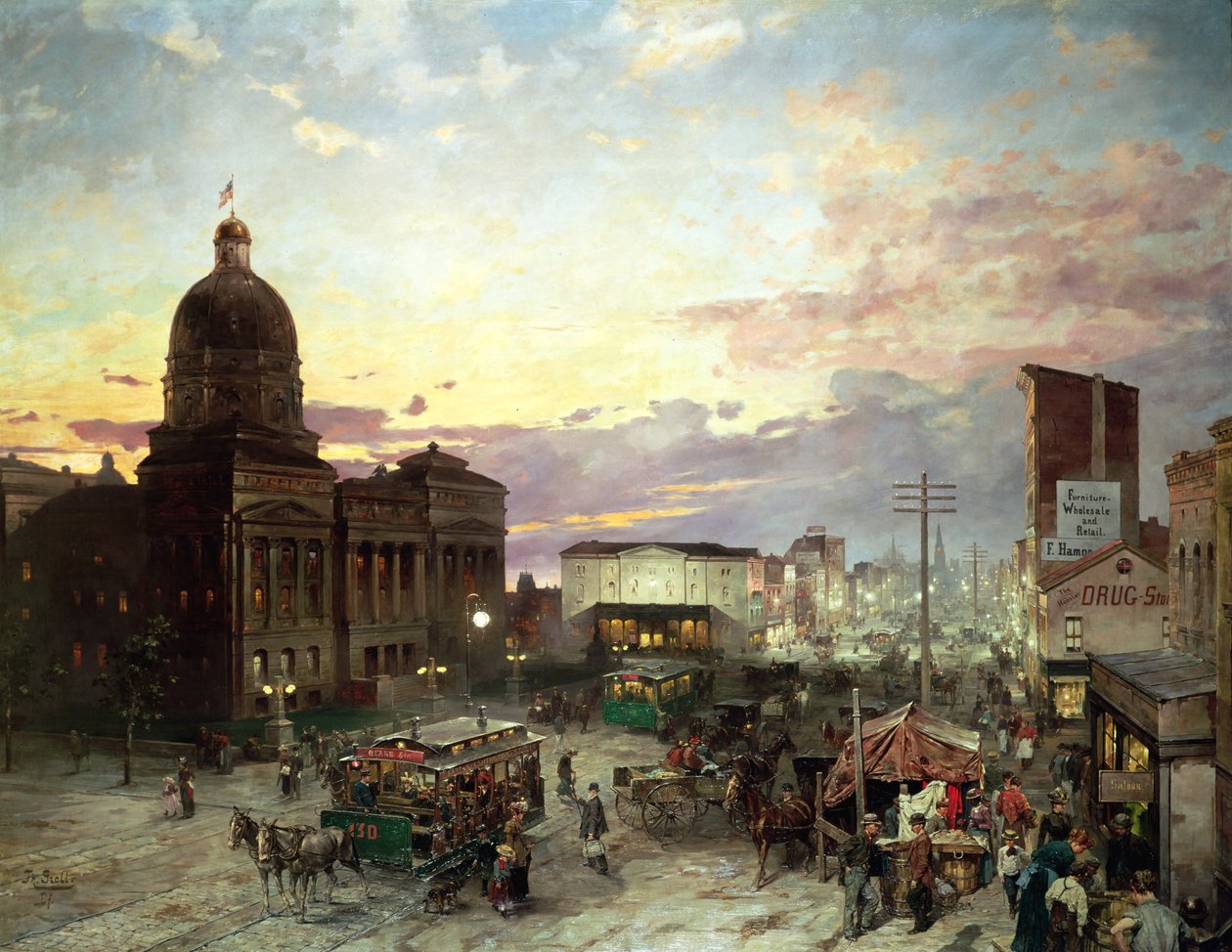 Washington Street, Indianapolis at Dusk (olja på duk) av Theodor Groll