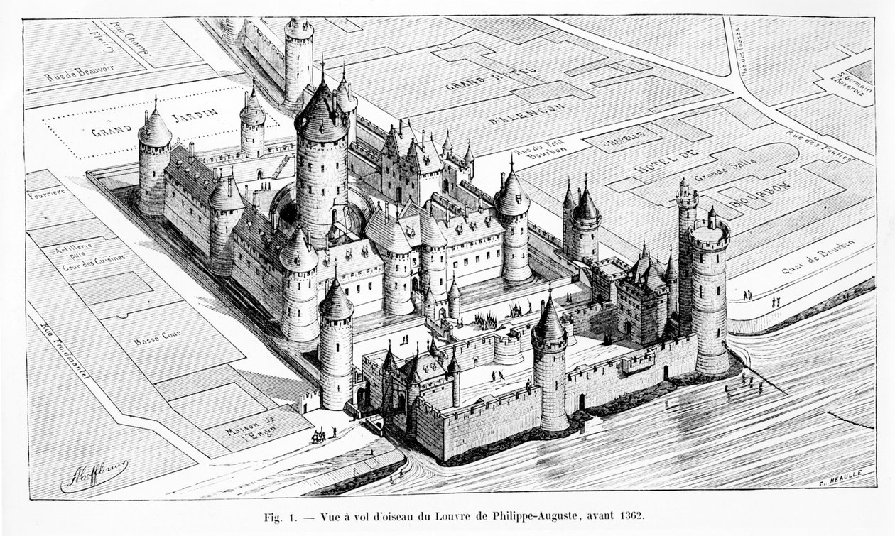 Fågelperspektiv av Louvren under Karl V:s regeringstid (1464-80), 1882 av Theodor Josef Hubert Hoffbauer