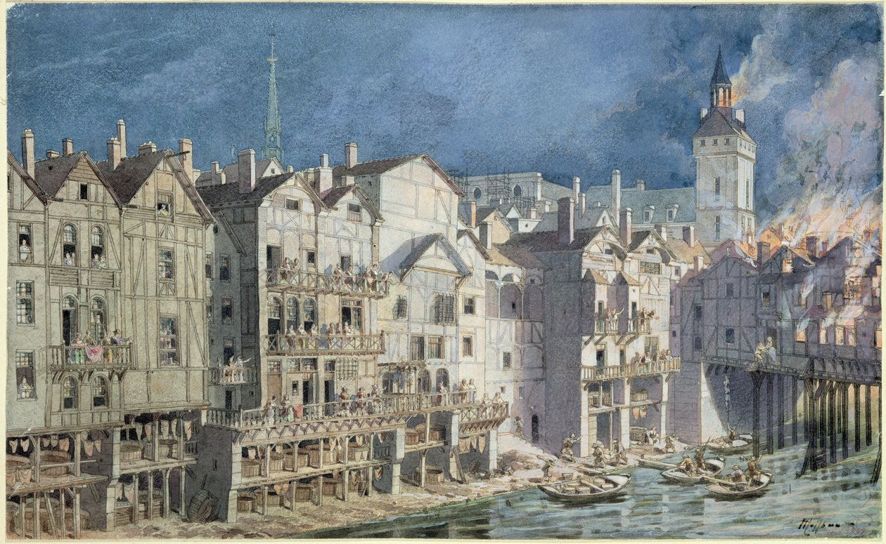 Brand vid Pont aux Meuniers 1621 (penna och bläck och wc på papper) av Theodor Josef Hubert Hoffbauer