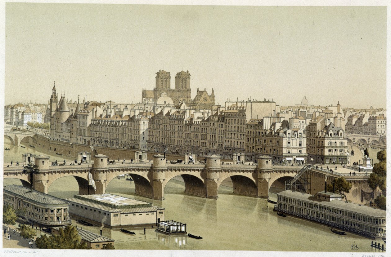 Ile de la Cite och Pont Neuf i Paris av Theodor Josef Hubert Hoffbauer