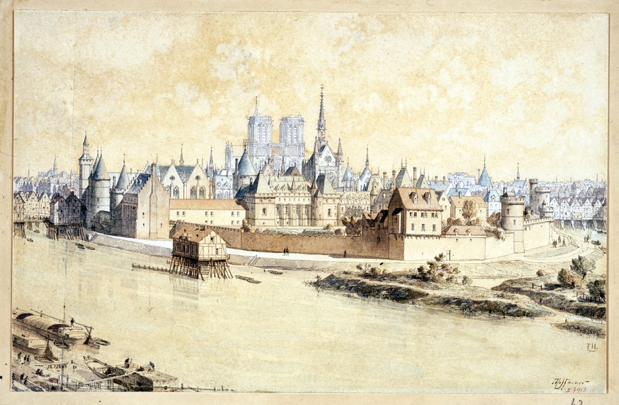 Palatset och staden 1530 (Retrospektiv komposition) (penna & bläck och akvarell på papper) av Theodor Josef Hubert Hoffbauer