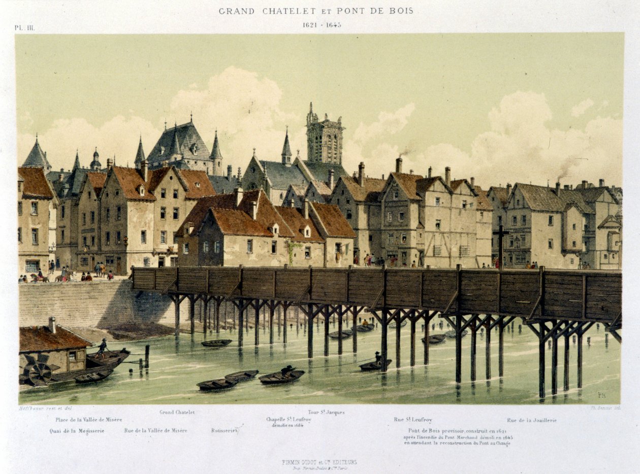 Det stora Châtelet och träbron (1621-1643) - i "Paris från 1200-talet till våra dagar" av Hoffbauer, red. Firmin Didot & Cie av Theodor Josef Hubert Hoffbauer
