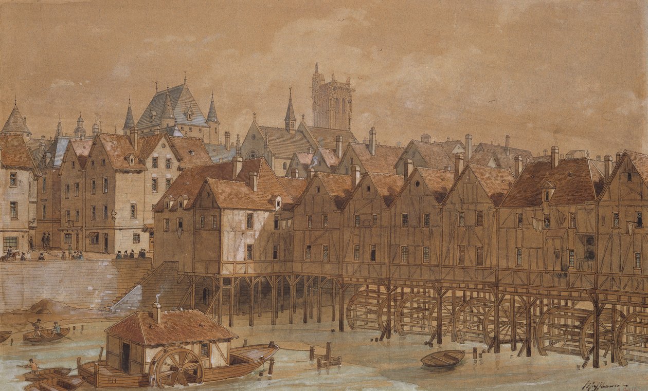 Grand Chatelet och Pont aux Meuniers (penna, bläck och wc på papper) av Theodor Josef Hubert Hoffbauer