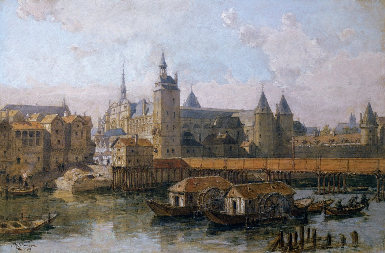 Ile de la Cite och Palais de Justice (tidigare Palais Royal) på 1500-talet, 1917 av Theodor Josef Hubert Hoffbauer