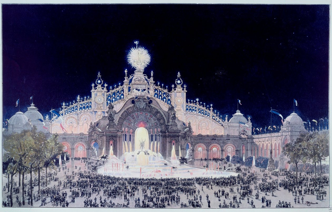 Universell utställning: "" Utsikt över Palace of Electricite and Water Castle i Paris 1900"" Tryck av Theodore Joseph Hubert Hoffbauer (1839-1922) känd som Fedor Hoffbauer. 1900 Paris, Musée Carnavalet av Theodor Josef Hubert Hoffbauer