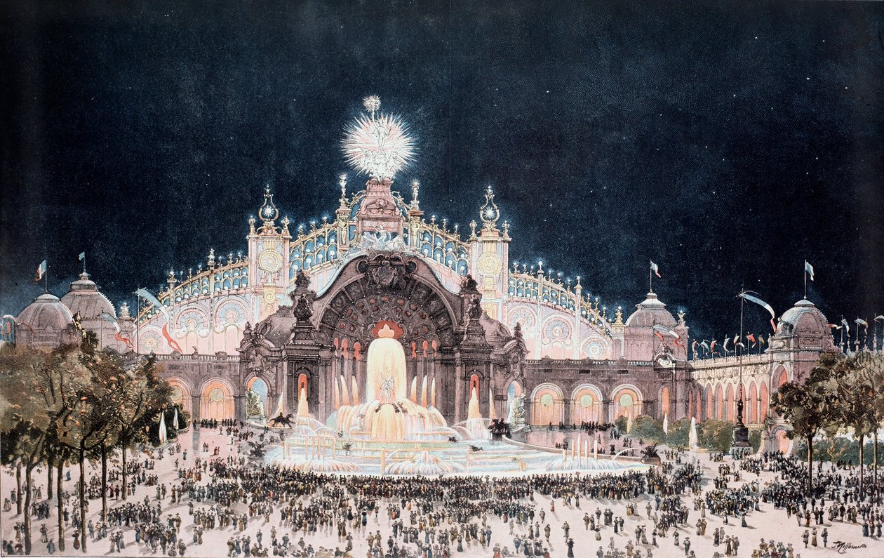 Universell utställning, utsikt över el- och vattenslottets palats, Paris (Tryck av Theodor Josef Hubert Hoffbauer