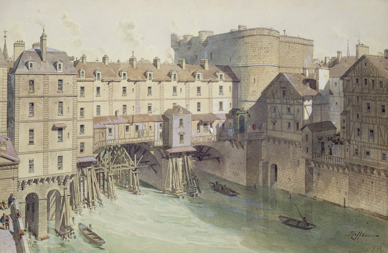 Utsikt över Petit Chatelet och Petit Pont 1717, illustration från "Paris Through The Ages" graverad av Philippe Benoist (1813-c.1905) 1885 av Theodor Josef Hubert Hoffbauer