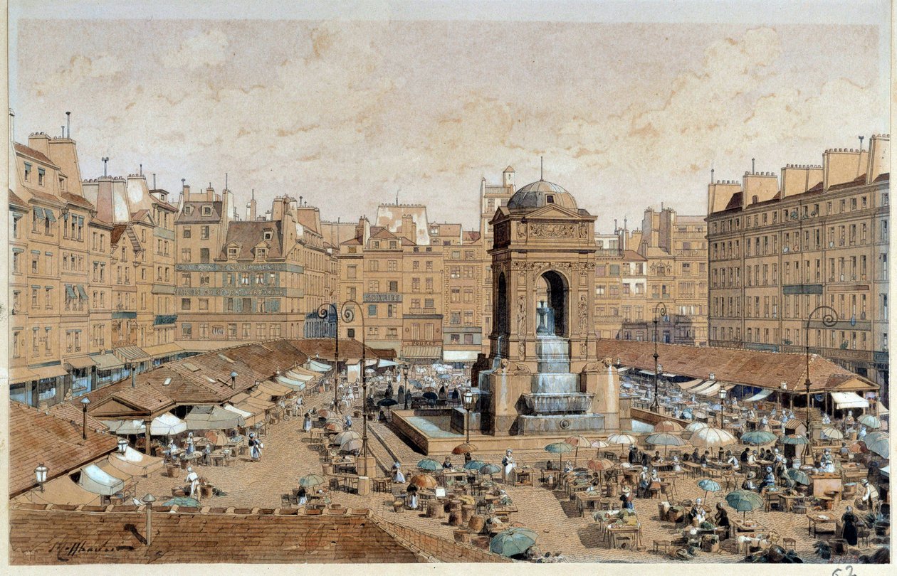 Utsikt över Marche och de oskyldigas fontän i Paris på 1800-talet. Akvarell av Theodore Joseph Hubert Hoffbauer (1839-1922) 1800-tal Paris, Musee Carnavalet av Theodor Josef Hubert Hoffbauer